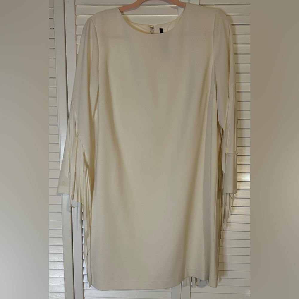 Kensie Off-White Midi Dress With Fringe Detail on sleeves and back of dress